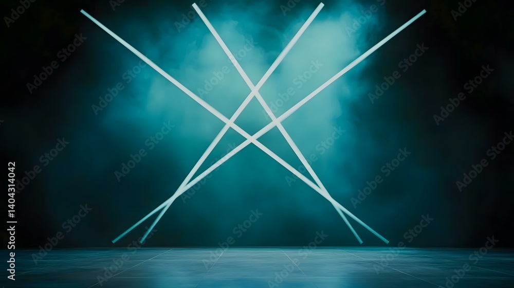 Poster the image contains four bright, white, diagonal lines intersecting in a teal-colored, smoky backgrou