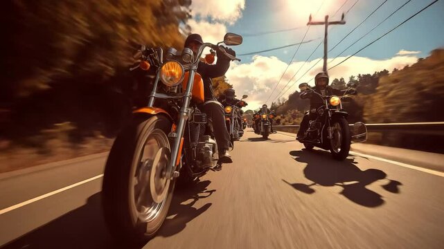 A bunch of motorcycle riders on cruiser-choppers on the road.