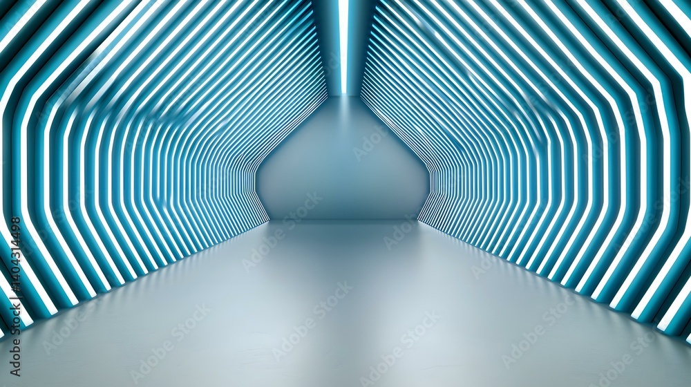 Poster the image shows an abstract, futuristic hallway with converging blue and white hexagonal walls illum