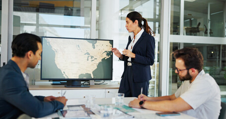 Business woman, screen or discussion with map for renewable energy or development at office. Female...