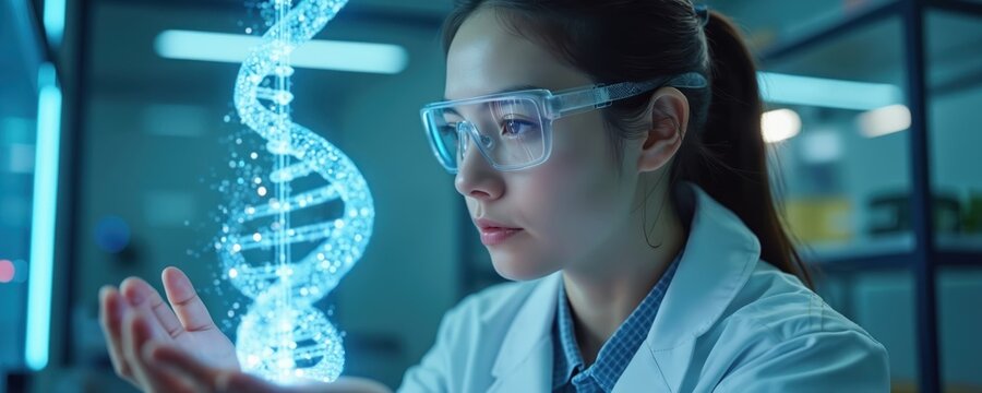 Female scientist examines DNA structure. Biotechnology research, genetic engineering. Modern lab, futuristic tech concept. Doctor explores human genome. Blue light, innovation, medicine, healthcare.
