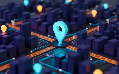 Digital Navigation System with Blue Location Marker on Road Network
