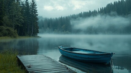 Obraz premium Tranquil Misty Lake Scene with a Blue Boat and Evergreen Forest Background