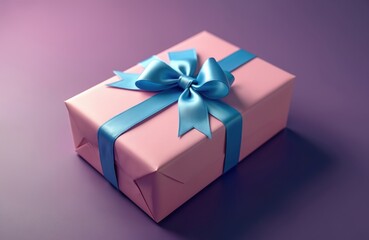 Obraz premium Pink wrapped gift box with elegant blue ribbon bow on violet background. Festive present for holidays, birthdays, celebrations. Surprise gift, love, happiness. Perfect for greeting cards, promotions,