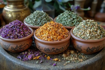 Assorted Dried Herbs in Small Bowls