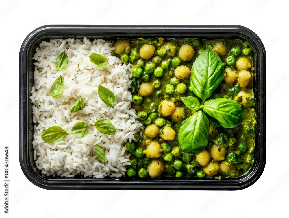 Poster healthy container filled with green peas and chickpeas served with rice creating a colorful and nutr