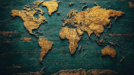 Vintage world map on weathered wood
