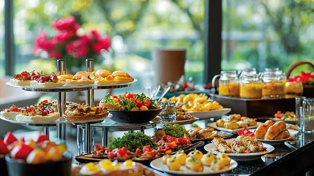 Abundant buffet spread with colorful dishes and flowers displayed by the window with natural light