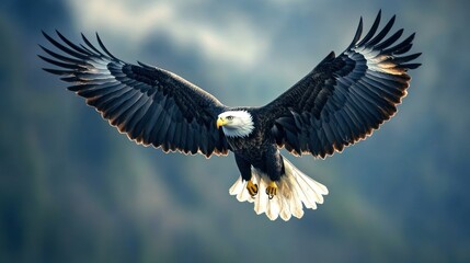 Naklejka premium Majestic bald eagle soaring high in the sky, wings outstretched against a blurred backdrop of mountains.