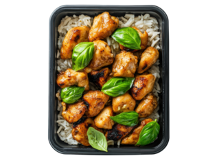 Flavorful chicken dish garnished with fresh basil served on a bed of rice capturing culinary excellence and presentation isolated on a white background.