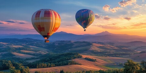 Fototapeta premium Hot air balloons over rolling hills at sunset