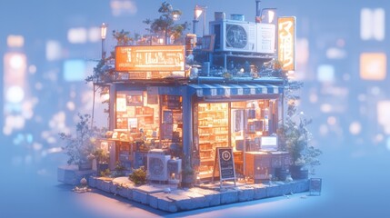 Obraz premium Cozy digital illustration of a small, vibrant shop, illuminated at night, nestled amidst plants