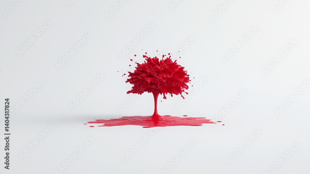 Poster vibrant red paint splash forms tree shape, creating artistic expression