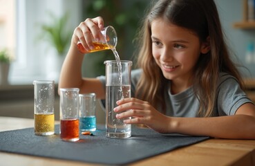 Smiling schoolgirl conducts chemistry science experiment in home laboratory. Girl pours colorful liquid into flask. Education, back to school, distant concept. Kids, learning science, happy face,