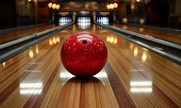 A vibrant red bowling ball poised on a polished wooden lane, with illuminated pins in the background