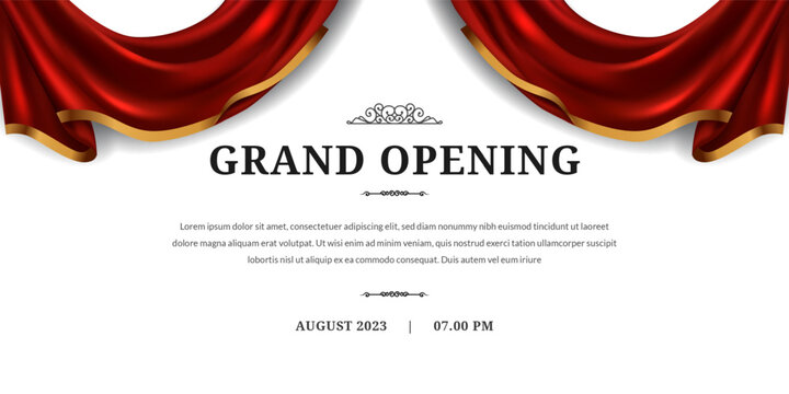 Elegant Grand Opening Flyer with Draped Red Curtains