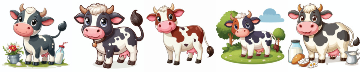 Collection of cow animal images in cartoon style with white background