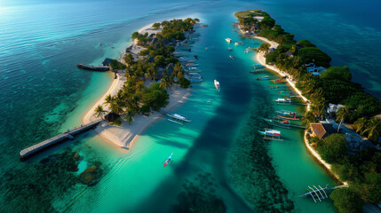 Tropical Paradise Aerial View – Turquoise Waters and Wooden Bridge in Cebu, Philippines