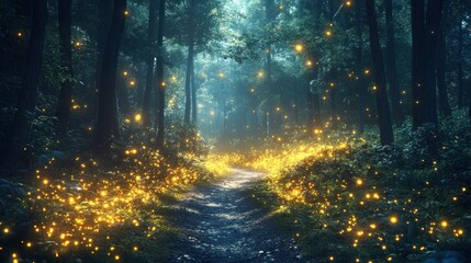 Naklejka premium Firefly path in mystical forest