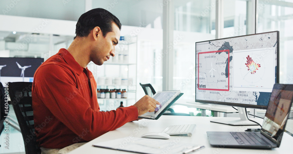 Aufkleber computer screen, tablet and wind turbine with business man in office for renewable energy or sustain