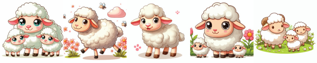 Collection of cartoon style sheep animal images on a white background