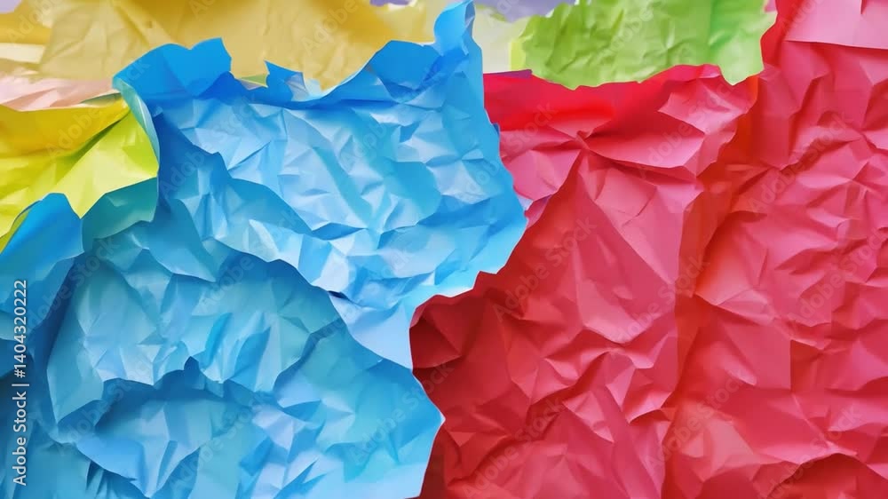 Poster textured surfaces of crumpled blue, yellow, and red paper create a striking backdrop that can enhanc
