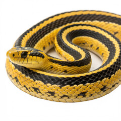 Obraz premium Striking Yellow and Black Striped Snake A Close-Up View of a Coiled Reptile Isolated on White Background