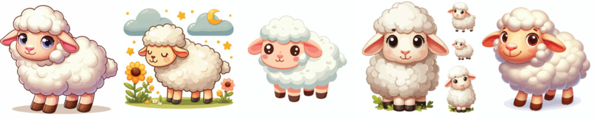 Collection of cartoon style sheep animal images on a white background