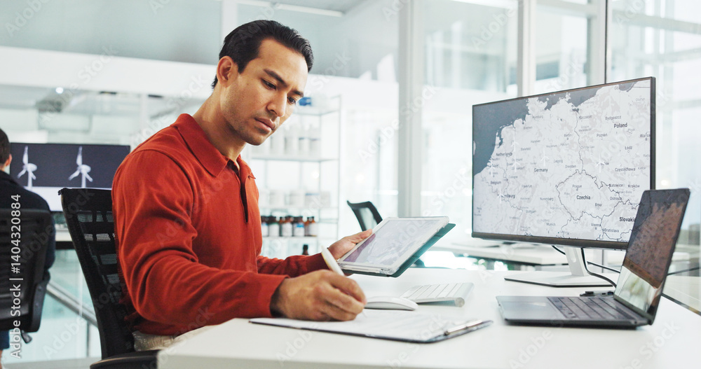 Leinwandbilder computer screen, tablet and wind turbine with man writing in office for renewable energy or sustaina