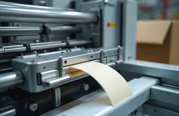 Close-up shot of automatic sticker labeling machine. Industrial equipment automates product packaging. Process label application on cardboard box, print factory assembly line.