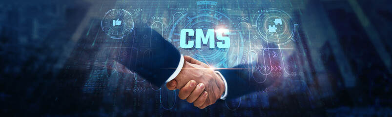 CMS (Content Management System): Businessman handshake on digital interface and managing content across global network. Publishing tools, workflow automation, SEO integration, multimedia management.