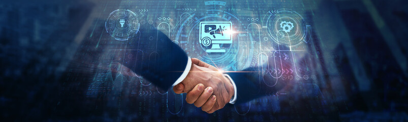 Digital Marketing: Businessman handshake on digital interface and strategic partnerships on global...