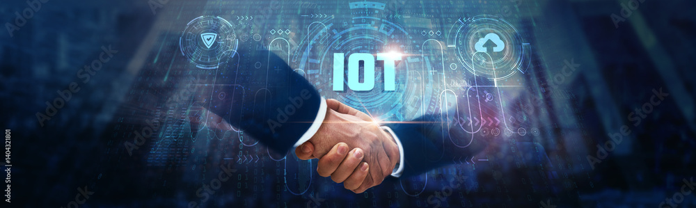 Poster the internet of things (iot): businessman handshake on digital interface and connecting devices on g