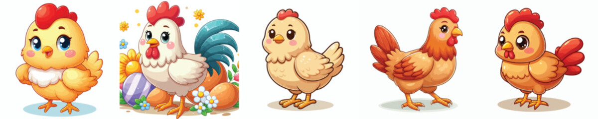 Collection of cartoon style chicken animal images with white background