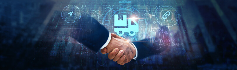 Logistic Management: Businessman handshake on digital interface and optimizing supply chain on global network. Inventory tracking, route planning, shipment monitoring, and real-time data analysis.