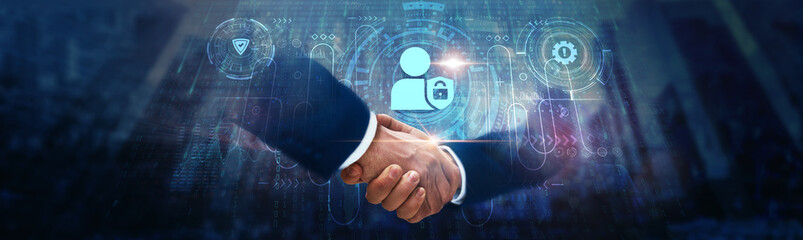 Privacy: Businessman handshake on digital interface and secure data exchange on global network....