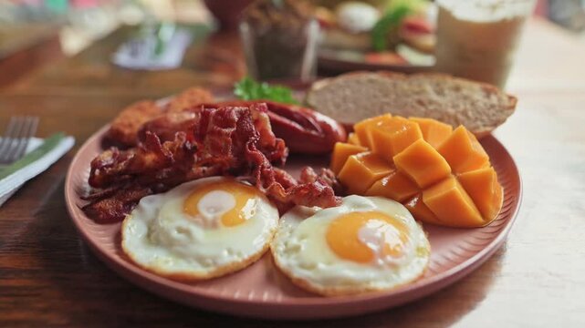Close-up of hearty breakfast plate with sunny side up eggs, crispy bacon, sausages, golden mango slices, bread, fried items breakfast plate on wooden table in warm morning light breakfast plate