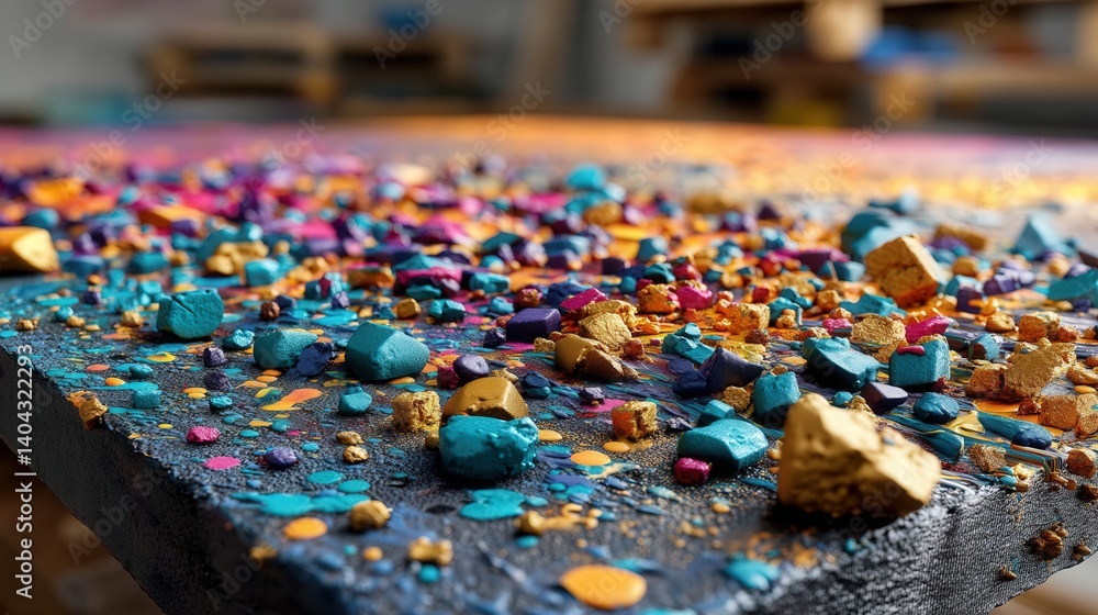 Poster artistic static composition featuring a table covered with colorful rocks displaying natural beauty 