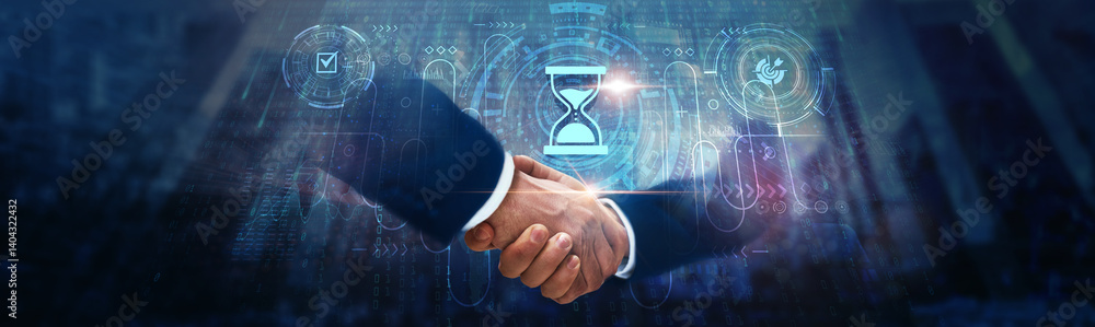 Poster time management: businessman handshake on digital interface and optimizing productivity on global ne
