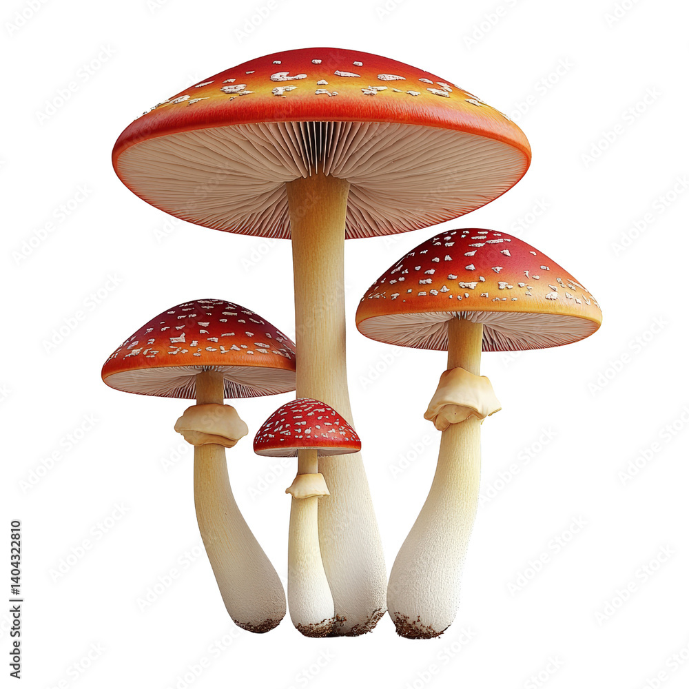 Aufkleber three unique mushrooms with diverse shapes and textures displayed on a dark black background for con