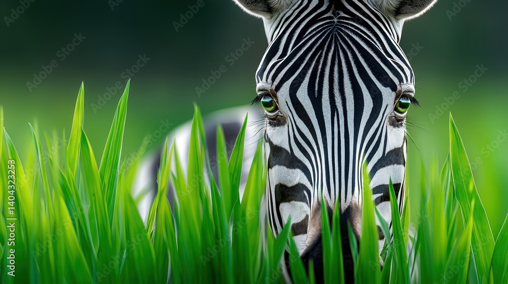 Poster close-up of a striking zebra grazing in tall grass capturing the unique patterns of its stripes agai
