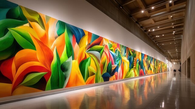 Striking visual of a colorful wall displaying an artistic lowbrow art exhibition with a person walking by