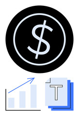 Black dollar symbol in circle above bar chart with upward arrow and document papers. Ideal for finance, growth strategy, data analytics, business success, economic planning, investment, modern design