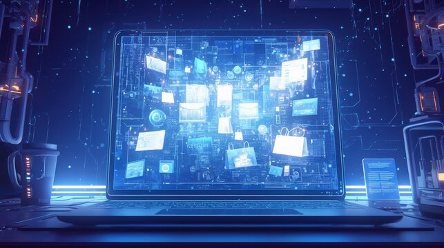 Digital data streams flow across laptop screen, glowing in blue
