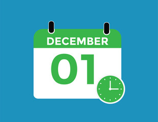  December 1 - Calendar Icon. 1 DEC daily date calender on white background
