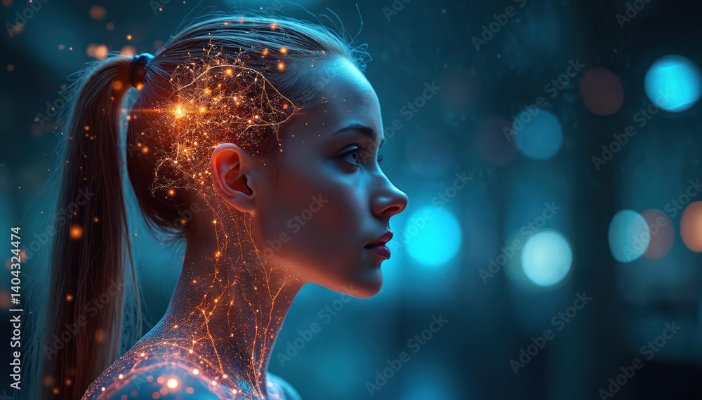 Aufkleber futuristic cyborg woman profile with digital ai brain interface connection. concept of transformatio