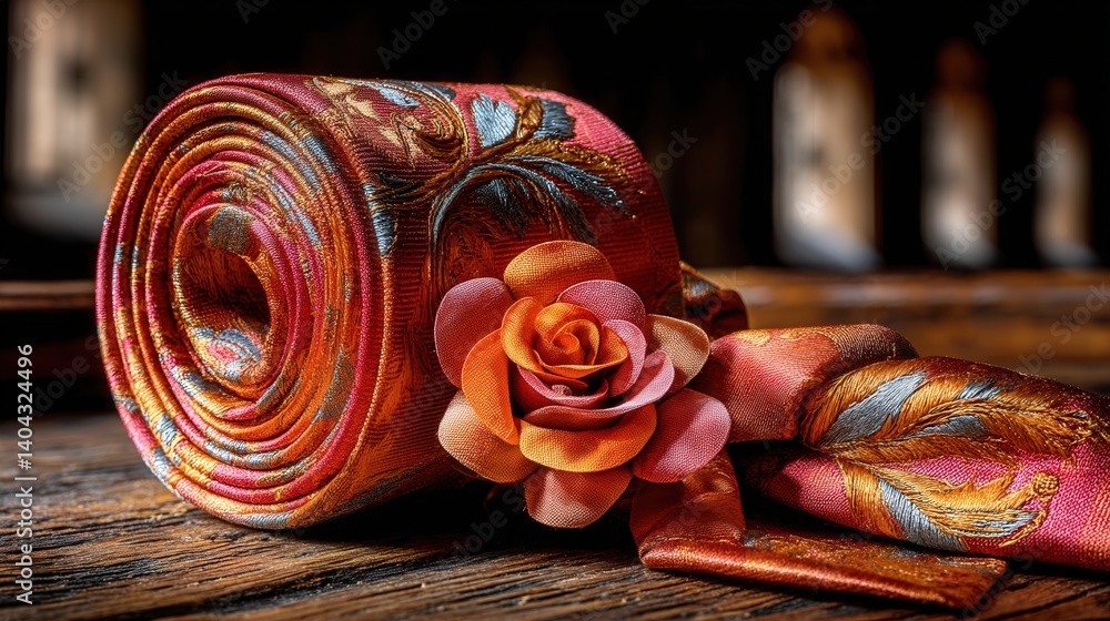 Poster Exquisite brocade fabric displayed with a unique tie featuring a beautiful flower design creating a stylish and elegant look