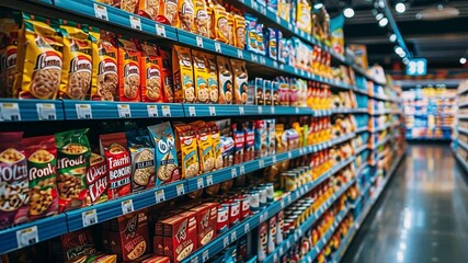 This shelves are lined with various snack packages, showcasing vibrant colors and branding.