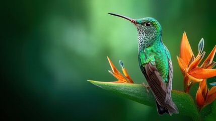 Fototapeta premium Exotic tropical hummingbird perched gracefully on a vibrant flower in a lush and colorful natural setting