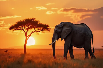 Majestic Elephant in Savanna at Sunset